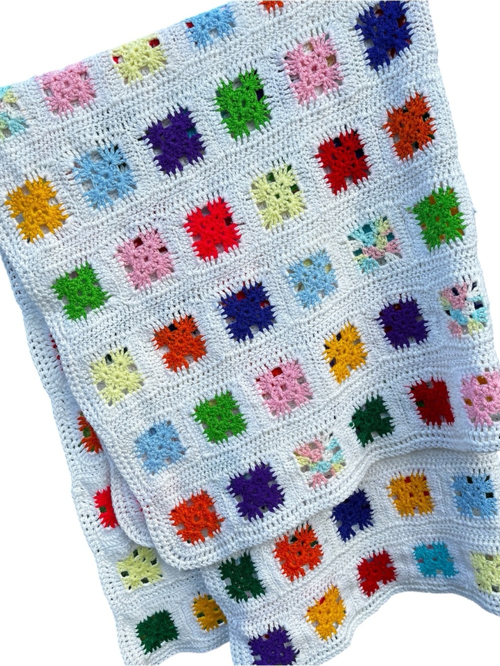 Handmade Crochet Granny Square White Blanket with Multicolor Quilt Blanket 54x42